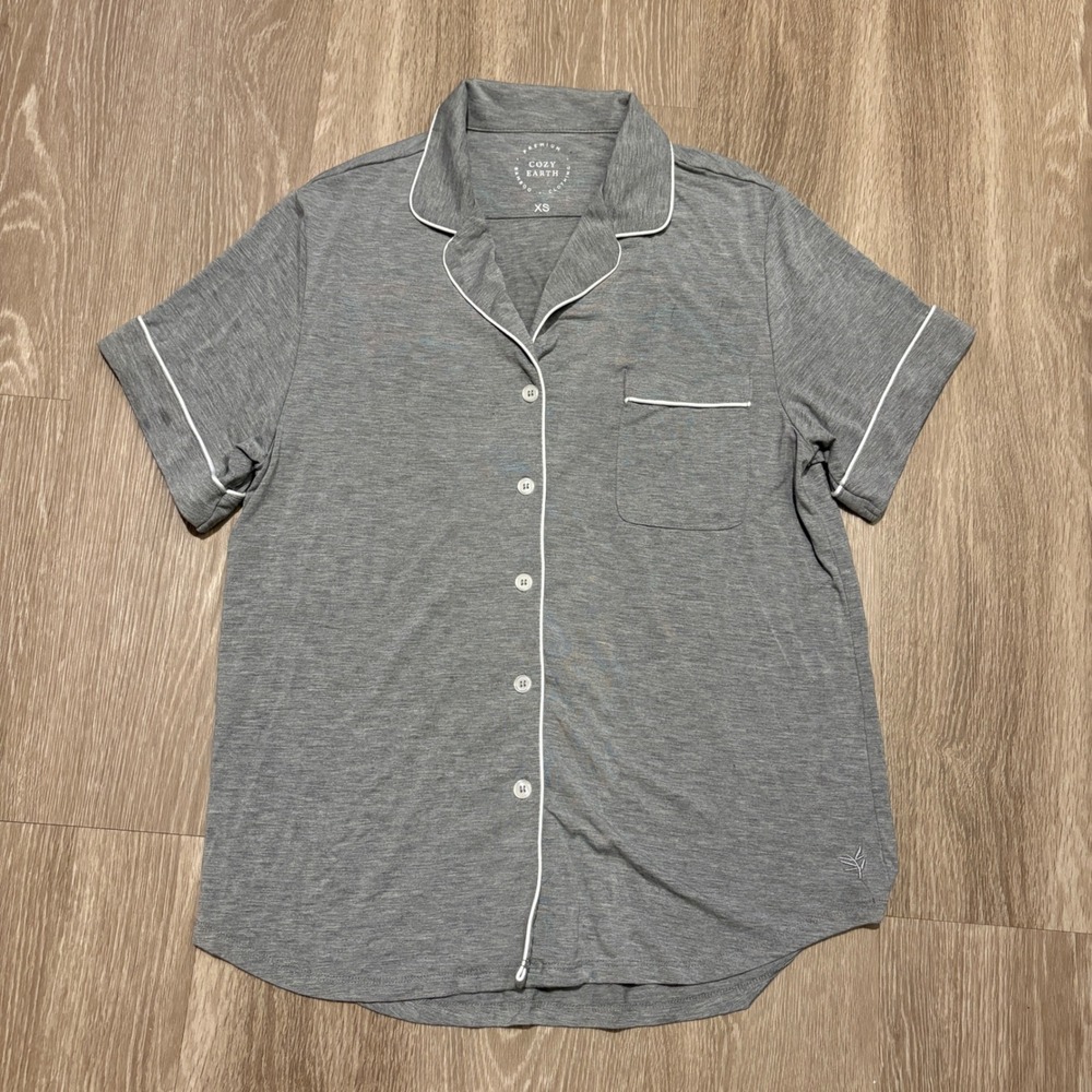 Cozy Earth Bamboo Pajama Top Short Sleeve Button Down Grey XS